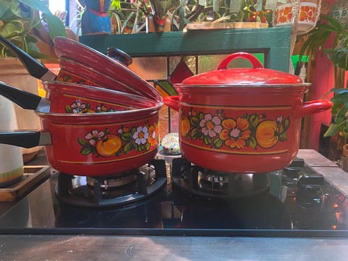 Vintage emaille pfannenset - vintage,